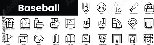 Set of outline baseball icons. Minimalist thin linear web icon set. vector illustration.