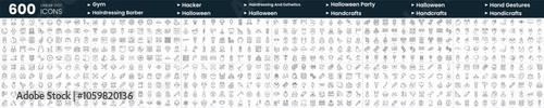 Set of 600 thin line icons. In this bundle include gym, hairdressing and esthetics, halloween, halloween sweets and candies and more