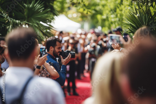 Man photographs woman in urban setting, capturing candid moment amidst bustling city streets. photo