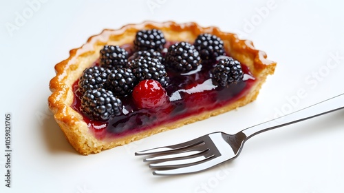 A slice of berry tart with blackberries and a cherry on top, served with a fork.
