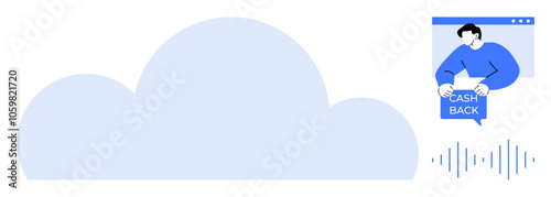 Large cloud symbol in light blue, person in front of a browser window holding CASH BACK sign, and soundwave lines. Ideal for online services, cloud technology, e-commerce, cashback systems, digital