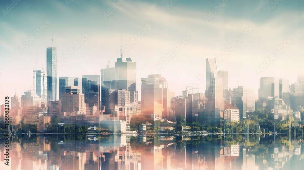 Fototapeta premium Futuristic City Skyline with Reflections in Water