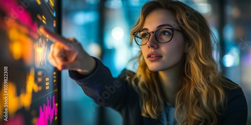 A businesswoman is pointing at a data graph she is presenting.