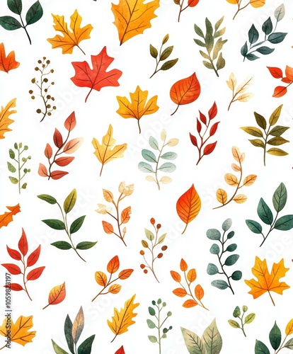 Watercolor autumn leaves pattern with rich colors, showcasing various leaf shapes in seamless design.