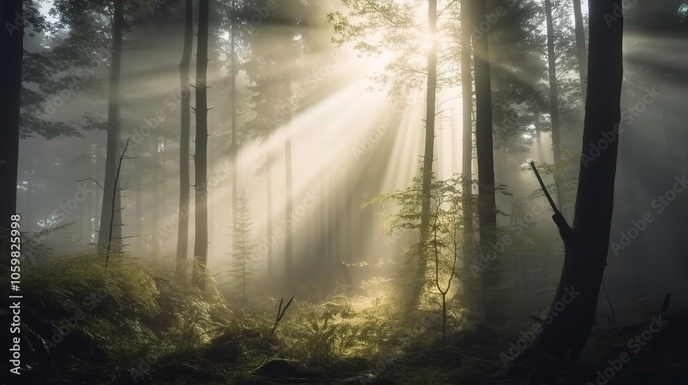 Naklejka premium Serene Forest with Rays of Light Breaking Through Trees