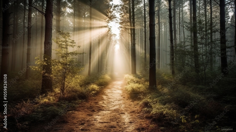 Fototapeta premium Serene Forest Path with Sunlight Rays