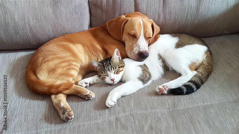 Obraz premium A peaceful moment as a dog and cat sleep comfortably together on the sofa, showcasing a calm and cozy atmosphere in a home setting