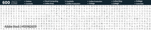 Set of 600 thin line icons. In this bundle include clothes, cocktails, coffee production, coffee shop and more