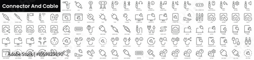 Set of outline connector and cable icons. Minimalist thin linear web icon set. vector illustration.