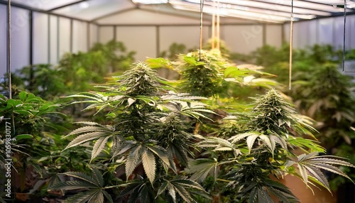 Cannabis or marijuana plant growing in a large greenhouse farm; pot and weed; horticulture photography; pot farmer growing weed in a greenhouse; UV lights inside a grow farm; weed cultivation photo