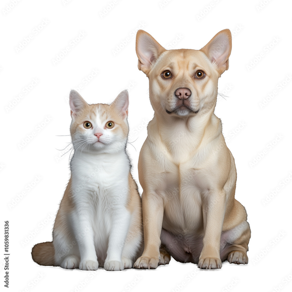 Obraz premium Cat and small dog sitting together isolated on transparent background