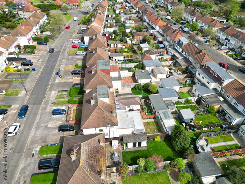 Aerial View of Brent Cross West Hendon London City of England United Kingdom, High Angle Drone's Camera Footage Was Captured on April 12th, 2024 from Medium High Altitude. photo