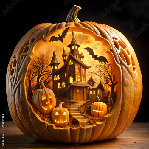 haunted house pumpkin carve a detailed haunted house photo