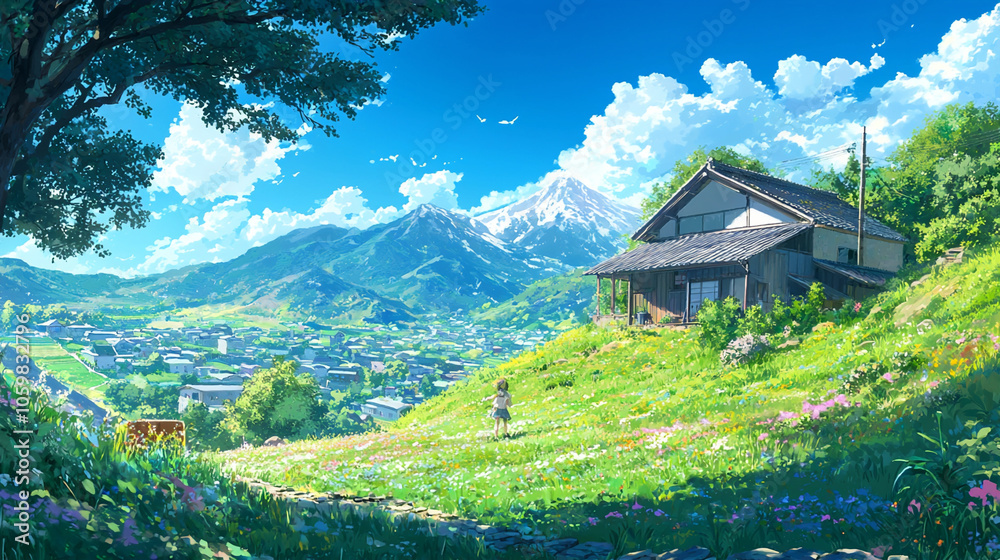Fototapeta premium 山間の美しい自然とと花畑の風景