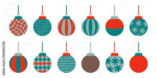 Geometric Christmas balls ornament clipart collection in flat style. Perfect for banner, flyer, label, postcard, sale, stickers. Isolated vector illustration.