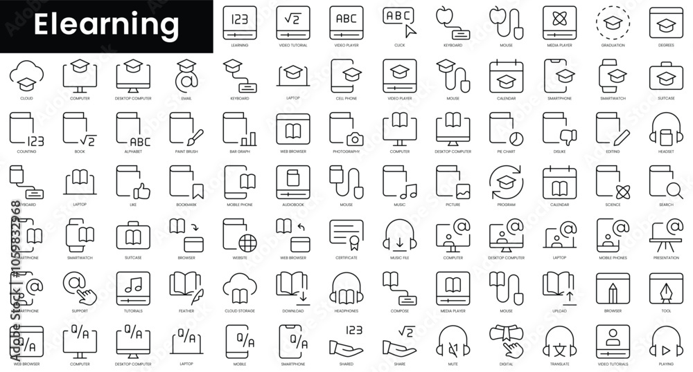 Obraz premium Set of outline elearning icons. Minimalist thin linear web icon set. vector illustration.