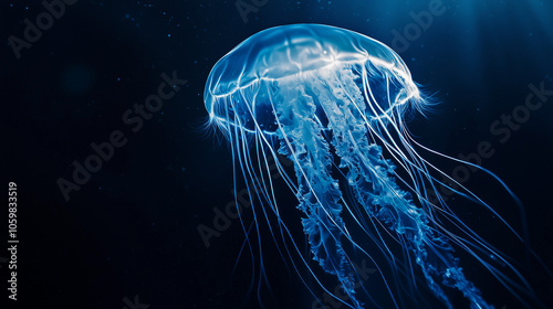 Glowing jellyfish floating in the deep ocean, illuminated by ethereal blue light