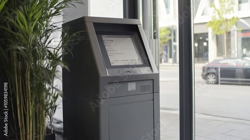 Large Gray Parcel Delivery Box with Digital Screen at Building Entrance – A spacious and secure gray parcel box with a small interactive screen, strategically placed at the entrance for easy package  photo