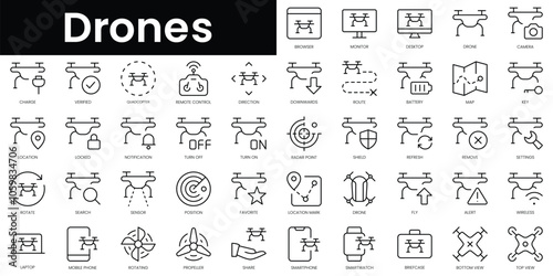 Set of outline drones icons. Minimalist thin linear web icon set. vector illustration.