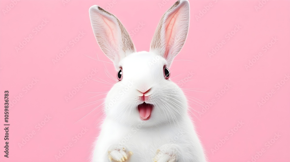 Obraz premium Portrait of a white cute rabbit with surprised expression on a pink background,surprised looking rabbit
