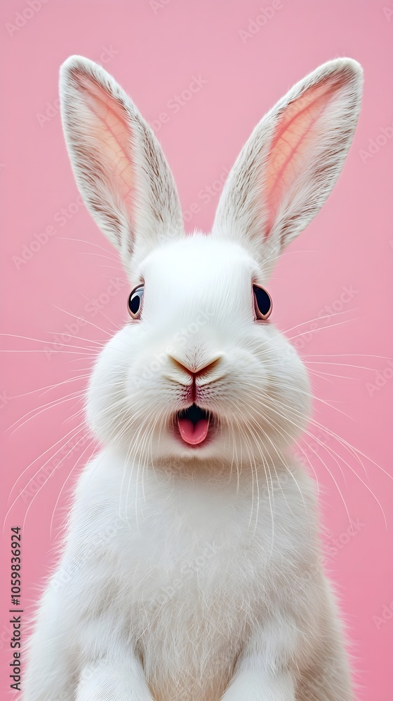 Obraz premium Portrait of a white cute rabbit with surprised expression on a pink background,surprised looking rabbit
