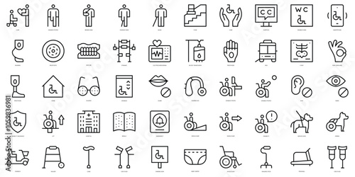 Set of thin line disabled people assistance Icons. Vector illustration