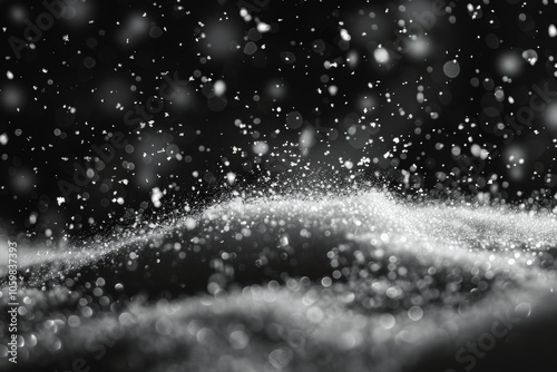 Snow Falling on Black Background, High Resolution, Sharp Focus, Detailed Snowflakes, Photorealistic, Grayscale, Soft Lighting, Winter Scene, No Blur Effect, Sony A7s III, 35mm Lens photo