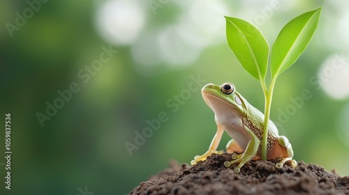 A young plant thrives beside a small frog, encapsulating the essence of ecofriendliness in a serene, blurred backdrop. photo