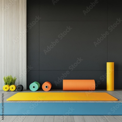 Gym floor with yoga mats, foam rollers, and stretching equipment ready for use photo