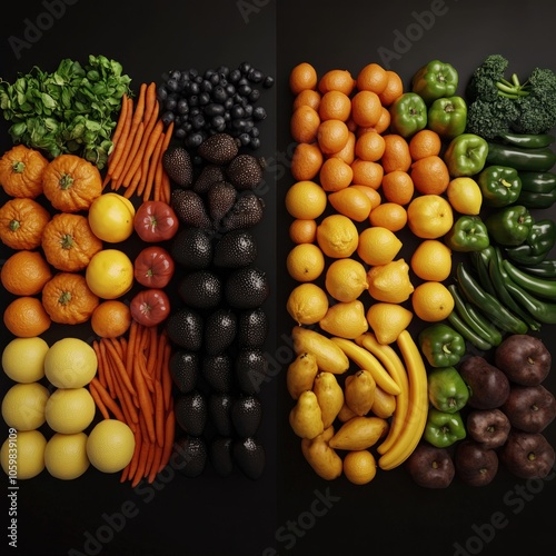 Vibrant Array of Fresh Fruits and Vegetables Displayed in a Stunning Composition
