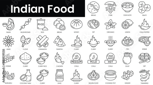 Set of outline indian food icons. Minimalist thin linear web icon set. vector illustration.