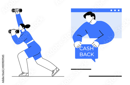 Woman lifting weights on left, person in window holding cash back message on right. Ideal for fitness, online shopping, promotions, health, e-commerce. Minimalist color style