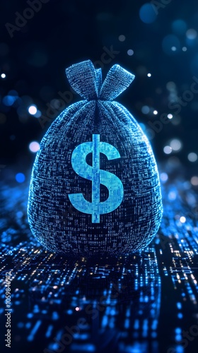 Digital blue moneybag with a dollar $ icon with binary code, ai financial transactions, fraud detection algorithms, portfolio management, and personalized financial planning services. money bag