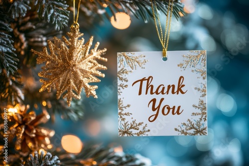 Thank you card hanging on Christmas tree with golden decorations and bokeh against a blue background