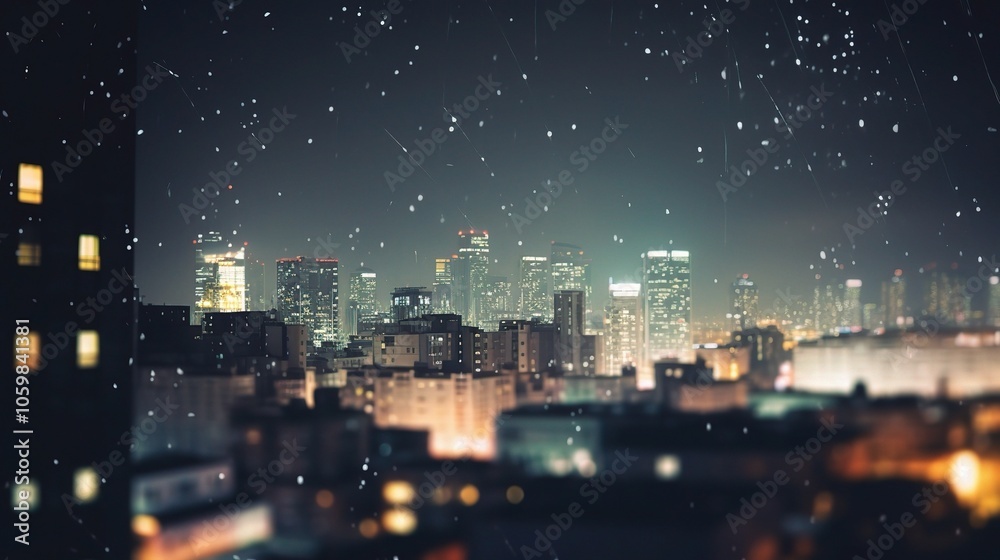 Fototapeta premium Urban Night Scene with Snowfall in 3D Effect