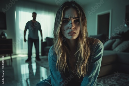 A scared young woman sits in her modern living room, facing an aggressive man who looms threateningly in the background photo