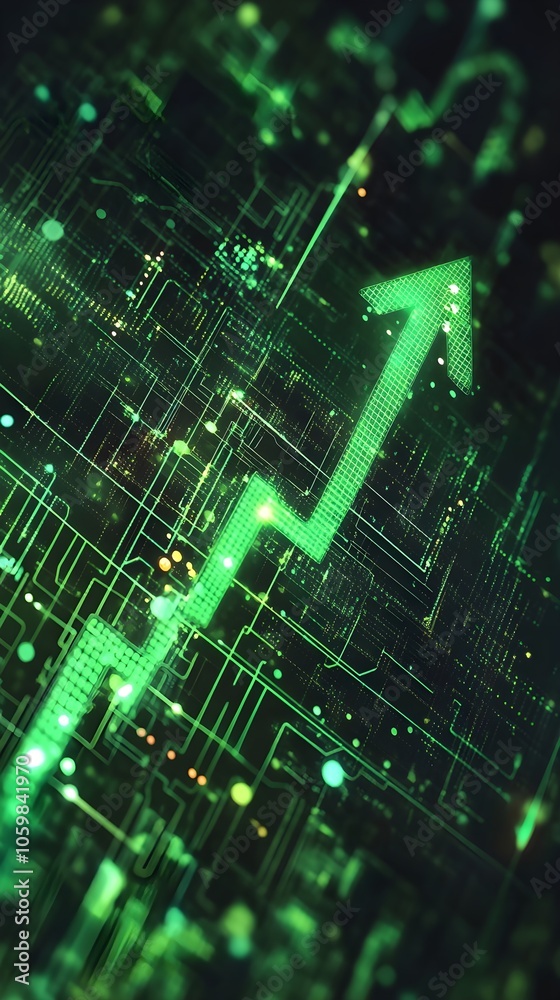 Business finance chart . green arrow pointing up on digital green background, financial growth and success for business Business finance chart . green arrow pointing up on digital green background, financial growth and success for business