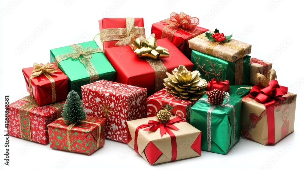 Obraz premium Stack of gifts wrapped in colorful paper and ribbons, ready for celebration or special occasion.