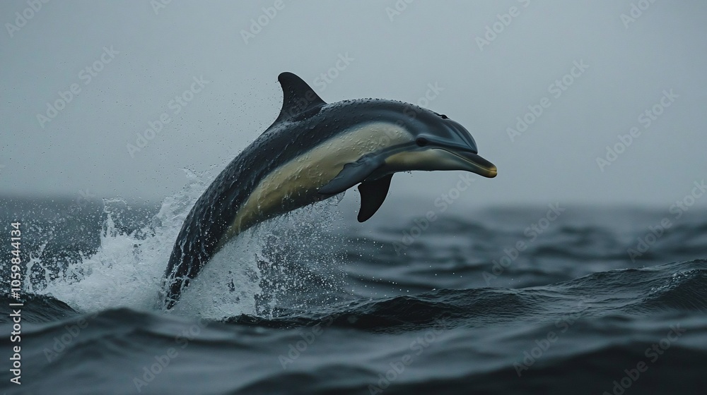 Fototapeta premium A dolphin leaps out of the water, creating a spray of water as it breaks the surface.