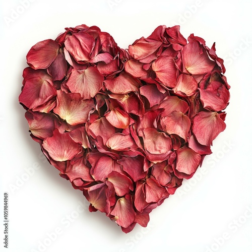 Heart shape created with petals on white background, symbolizing love, romance, and natural beauty.
