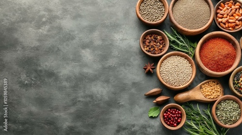Fototapeta Naklejka Na Ścianę i Meble -  Assortment of spices in wooden bowls on dark backdrop, showcasing colorful and aromatic culinary ingredients.
