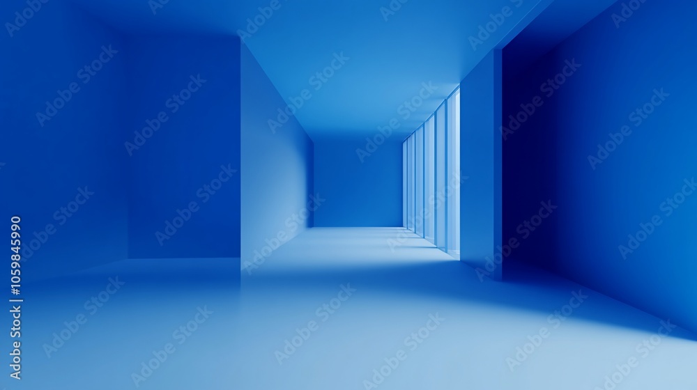 Fototapeta premium Minimalist blue room with light streaming through windows.