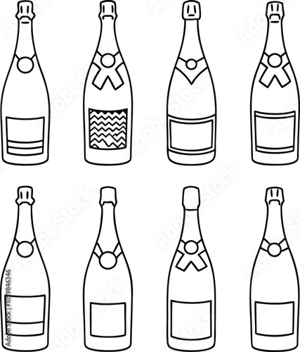 Black and White Champagne Bottle Popping lineart Vector Icon set