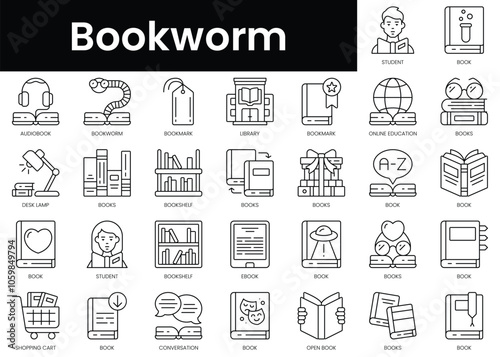 Set of outline bookworm icons. Minimalist thin linear web icon set. vector illustration.
