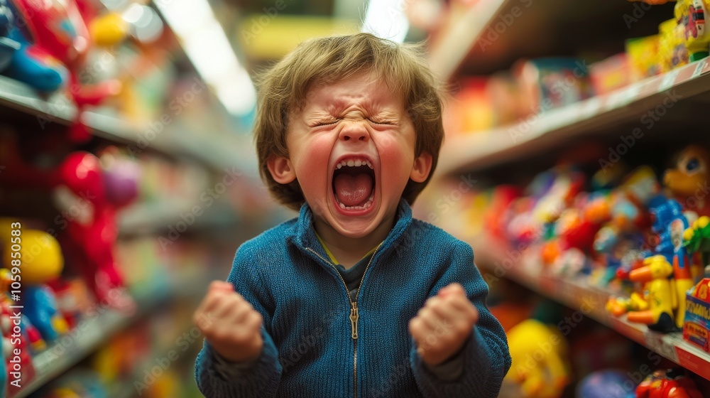 Disgruntled boy throwing a tantrum in a toy store, upset over parents refusing to buy toys he wants Disgruntled boy throwing a tantrum in a toy store, upset over parents refusing to buy toys he wants