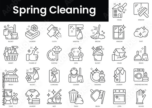 Set of outline spring cleaning icons. Minimalist thin linear web icon set. vector illustration.