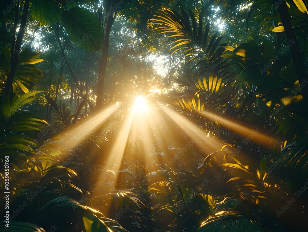 Obraz premium Sunlight streams through dense jungle foliage, creating a serene and enchanting atmosphere.