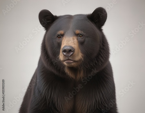 there is a black bear that is standing up with a white background.