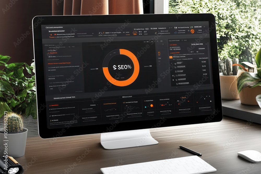 Fototapeta premium A modern desktop workspace featuring a sleek monitor displaying data analytics and vibrant graphics for digital marketing insights.