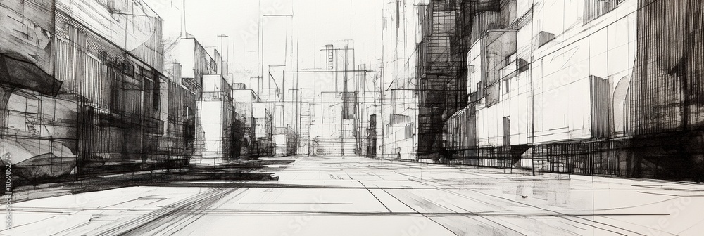 Obraz premium The drawing illustrates a detailed urban landscape with sharp lines, capturing an empty street in a city environment during early evening. Generative AI